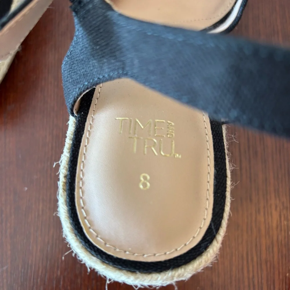 Time And Tru Women's Square Toe Black Espadrille Wedge Heels Size 8